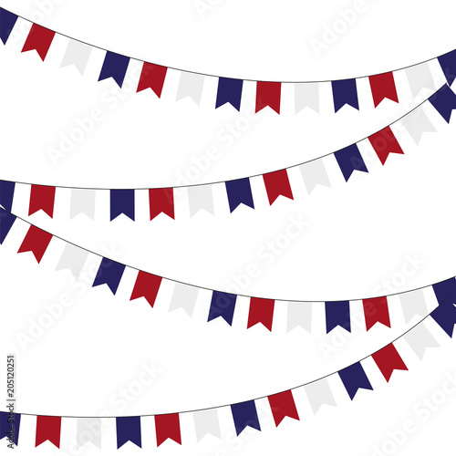Festive garlands of red blue flags on a white background.