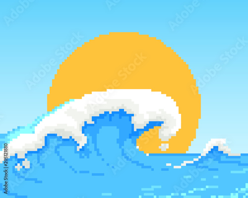 Big ocean wave and Vector blue background 8bit