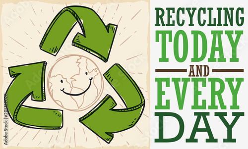 Recycle Arrows and Smiling Planet over Globe for Recycling Day, Vector Illustration