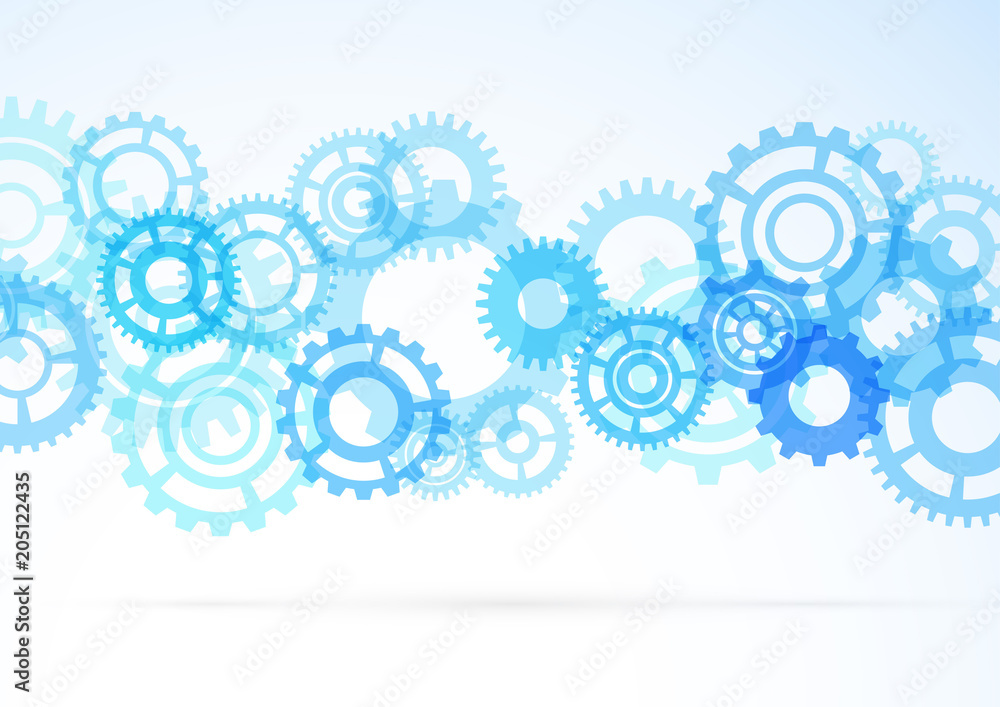 Blue shiny gear wheels graphical abstractrion over light background