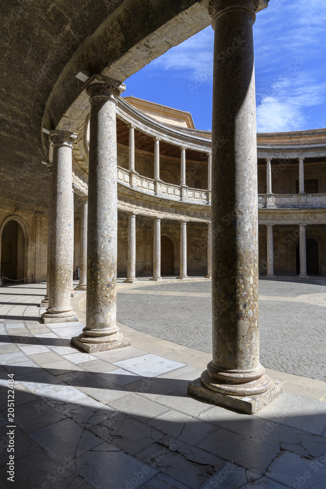 Circular courtyard inside the Palace of Charles V (Palacio de Carlos V La Alhambra)