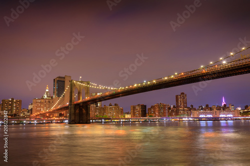 Brooklyn Bridge in New York City at sunset.