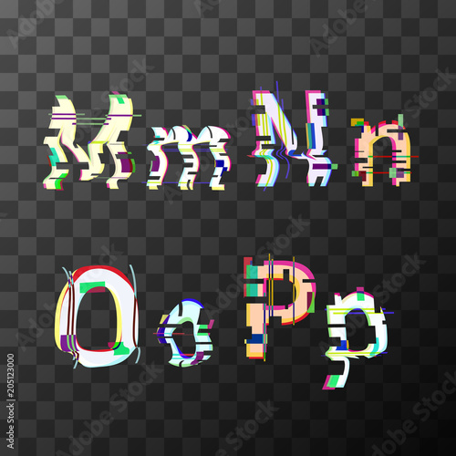 Glitch distortion font. Latin M, N, O, P letters on transparent