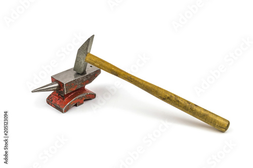 Tablou pe pânză Old small hammer and anvil, isolated on white background with shadow