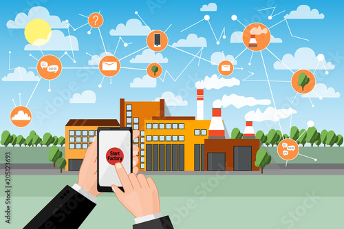 Start smart factory. Phone in hands starts and manage huge plant with application. Network icons. Industrial background. Cartoon flat vector illustration.