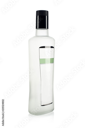 Glass bottle for alcohol such as vodka, cognac, whiskey with label