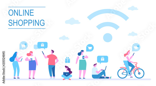 Internet shopping concept. Different people do online shopping  using gadgets. Flat vector illustration.