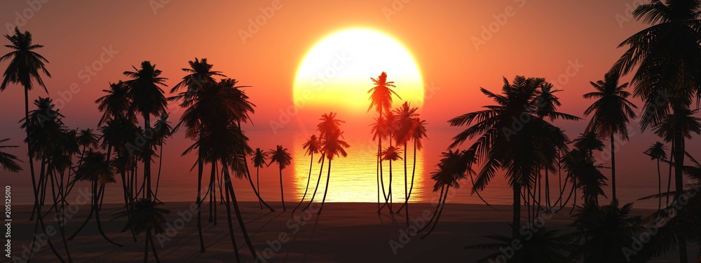 beach at sunset, silhouettes of palm trees on a tropical beach, palm trees under the setting sun,
3D rendering
