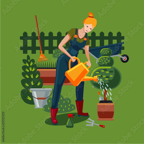 Beautiful woman is working in a garden. A woman with a garden watering can is watering flowers. Carttoon flat vector illustration.