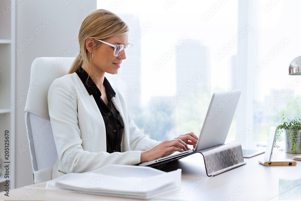 Business young woman working with her laptop in the office. Business young woman working with her laptop in the office.