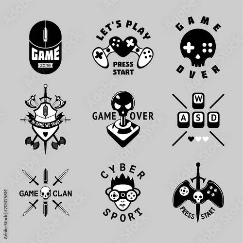 Video games vintage vector emblem set. Retro style gaming signs. T-shirts prints for gamers. Black and white tattoo.