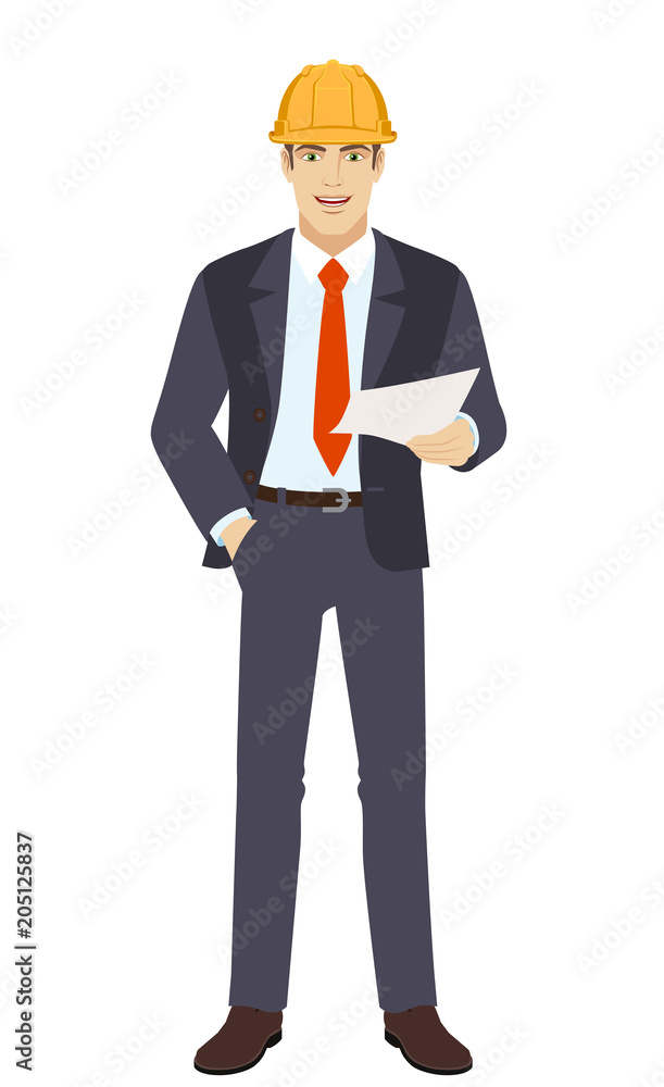 Businesswoman in construction helmet holding a paper Businesswoman in construction helmet holding a paper
