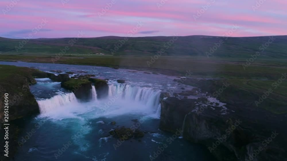 4K Aerial movie Sunset Scene of Godafoss Waterfall in Summer of Iceland 4K Aerial movie Sunset Scene of Godafoss Waterfall in Summer of Iceland