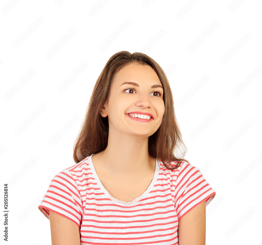Happy Woman Portrait. Closeup Of Girl With Perfect Smile, White Teeth Smiling At Camera. emotional girl isolated on white background Happy Woman Portrait. Closeup Of Girl With Perfect Smile, White Teeth Smiling At Camera. emotional girl isolated on white background