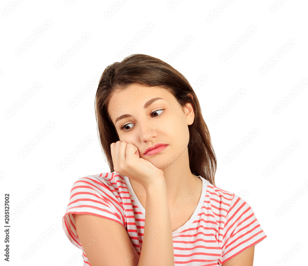young beautiful sad woman. worried and depressed girl. emotional girl isolated on white background young beautiful sad woman. worried and depressed girl. emotional girl isolated on white background