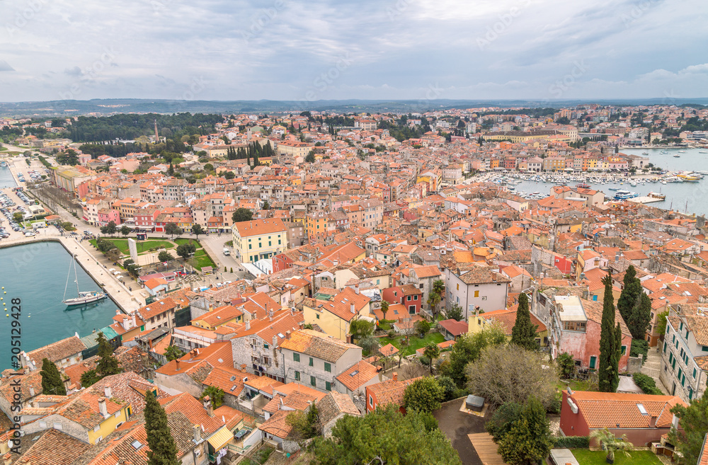 Aerial view of the harbor and part of the historic center of Rovinj town in Croatia, Europe.