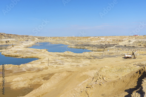 Blue lakes in a sandy quarry. Industrial landscape