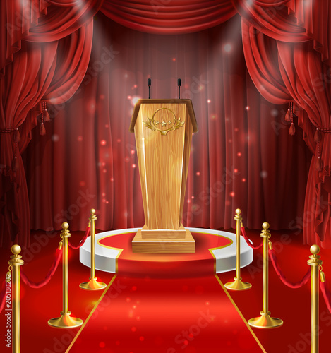 Vector illustration with wooden tribune with microphones, podium, red curtains and carpet. Stage for performance, lecture, scene for speech of orator. Illuminated pulpit for conference