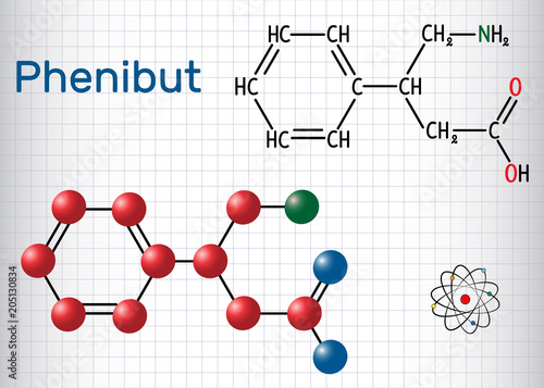 Phenibut is a central nervous system depressant with anxiolytic and sedative effects. Structural chemical formula and molecule model. Sheet of paper in a cage