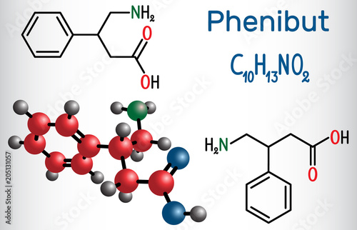 Phenibut is a central nervous system depressant with anxiolytic and sedative effects. Structural chemical formula and molecule model