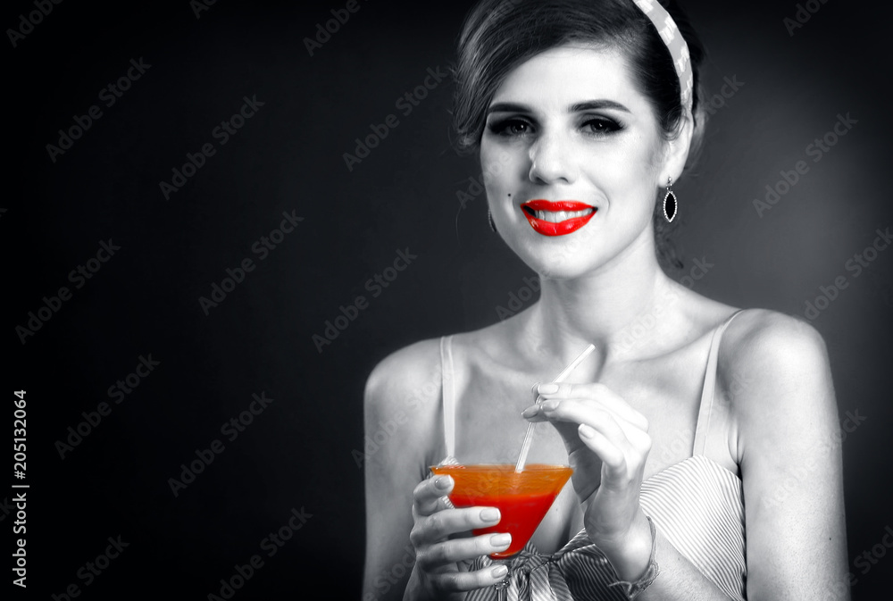 Pin up retro girl drink bloody Mary cocktail. Black and white photos