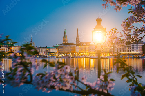 Burn lantern between branches of cherry blossom flowers on calm and beautiful Alster river and Hamburg town hall - Rathaus at spring on evening twilight just after golden hour. photo