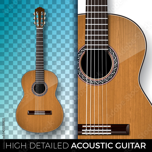 Acoustic guitar isolated on transparent background. High detailed vector illustration for invitation, party poster, promotional banner, brochure, or greeting card.