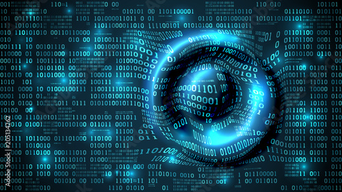 Abstract futuristic cyberspace with binary code and circular waves on the surface, matrix background with digits, big data, well organized layers