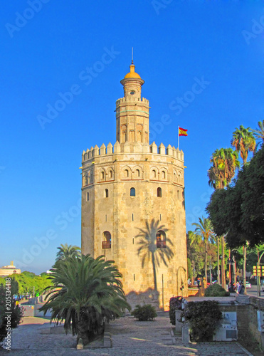 The Golden Tower (Torre del Oro), built on the banks of the Guadalquivir River in the early 12th century. This extraordinary building is a model of Moorish architecture. Seville, Spain, October 2016.