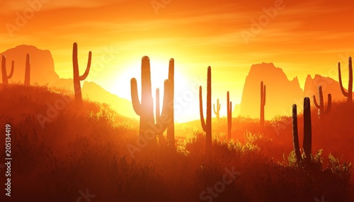 desert at sunset, rocky desert arizona with cacti under the setting sun, 3D rendering 