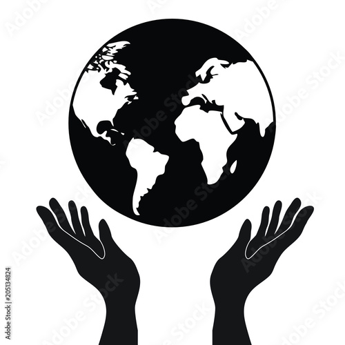 protecting or control hands holding globe planet earth with continets, simple black vector icon, globalization or worlwide concept