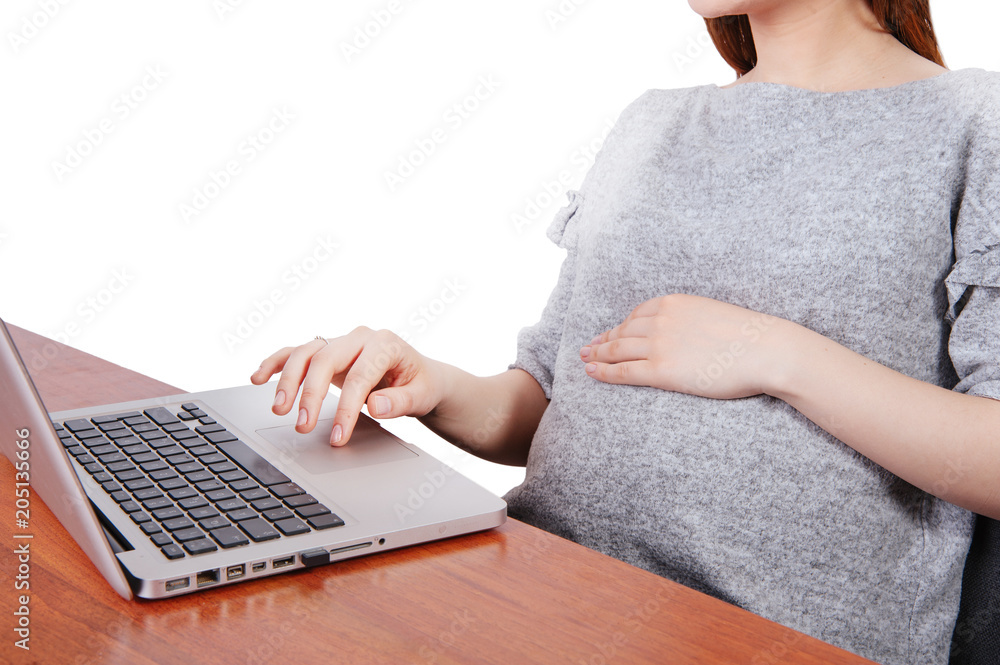 Naklejka premium Pregnant woman using laptop isolated on white background