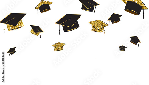 Graduate caps baner, black and gold color on a white background. Graduation hat thrown up