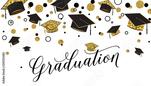 Graduation word with graduate cap, black and gold color, glitter dots on a white