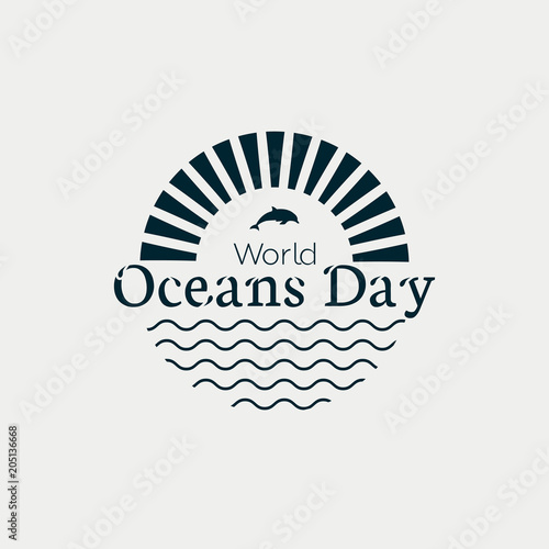 World Oceans Day modern concept monochrome logo with waves, sun and dolphins.
