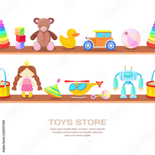 Wooden shelves with different kids toys, isolated illustration. Horizontal seamless vector white background