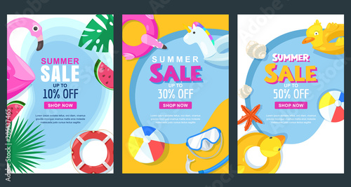 Summer sale vertical banner or poster set. Vector illustration of pool with float rubber toys. Holiday background