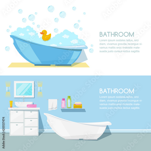 Bathroom modern interior, vector banner. Bathtub, furniture, hygiene goods and other design elements