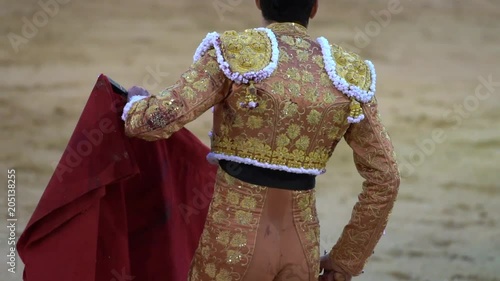 Bullfighter next to the bull in the ring