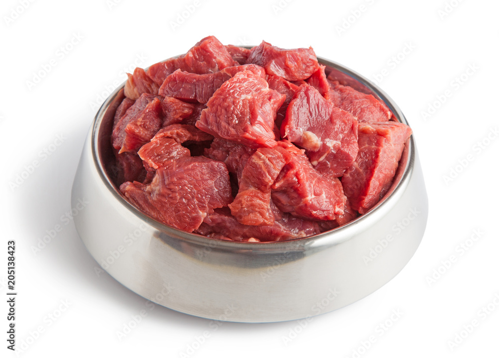 Raw beef meal in bowl, fresh, natural food for dog or cat, isolated on white background. Raw beef meal in bowl, fresh, natural food for dog or cat, isolated on white background.