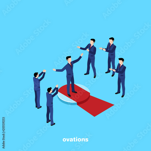 a man in a business suit stands on a red carpet and the others applaud him, an isometric image