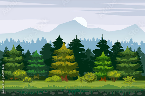 Vector cartoon illustration of the spruce forest for the game UI. . For print, create videos or web graphic design, user interface, card, poster.