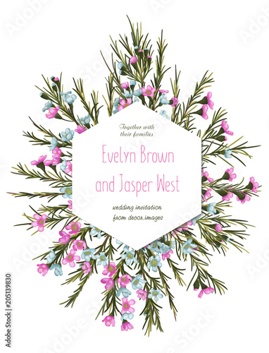 Floral geometrical hexagonal vector design frame. Pink and blue wax flowers, greenery. Wedding card. All elements are isolated and editable