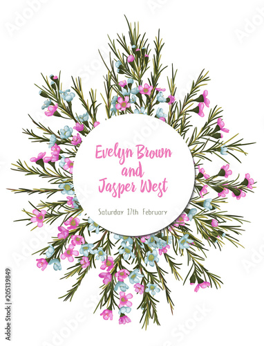 Vector watercolor colorful circular floral wreaths with pink and blue wax flowers and central white copyspace for your text