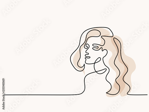 Vector continuous line. Abstract portrait of young woman light colors. Vector illustration. Concept for logo, card, banner, poster, flyer