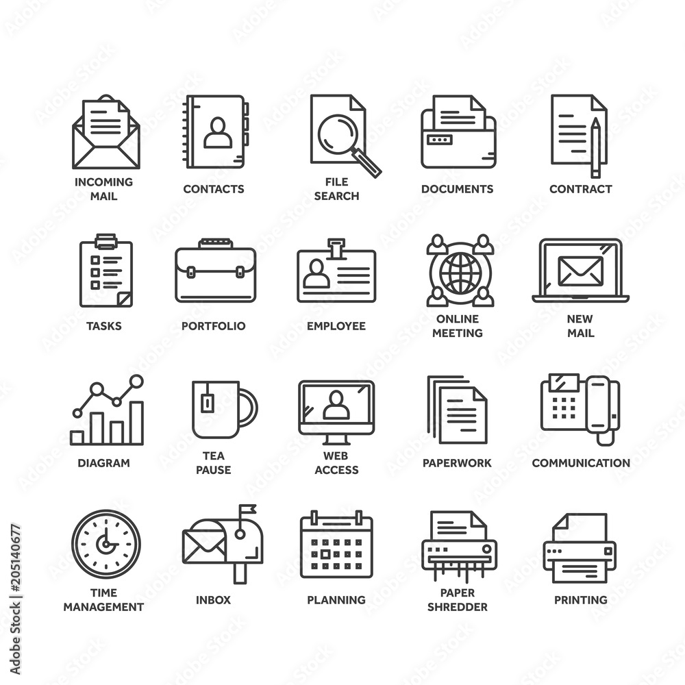 Business and office work. Documents, paperwork. Businessman. Thin line black web icon set. Outline icons collection. Vector illustration.