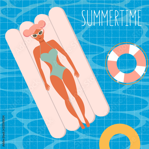 Young female character with pink hair relaxing lying on the inflatable mattress in the swimming pool. Top view, vector illustration. Summertime