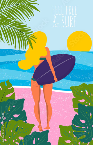 Poster with surfer girl with longboard on the beach. Beach lifestyle poster in retro style. Flat illustration