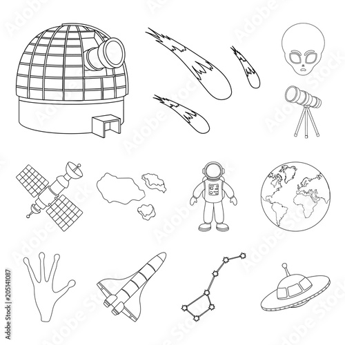 Space technology outline icons in set collection for design.Spacecraft and equipment vector symbol stock web illustration.