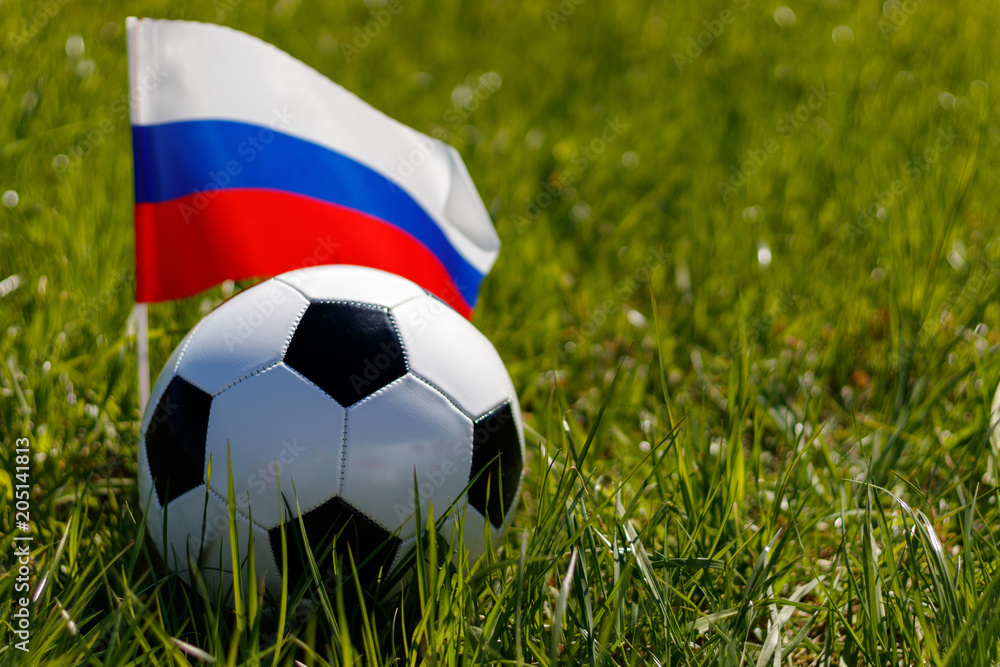 Fototapeta premium Soccer ball on the grass and the Russian flag. There is a place for the inscription